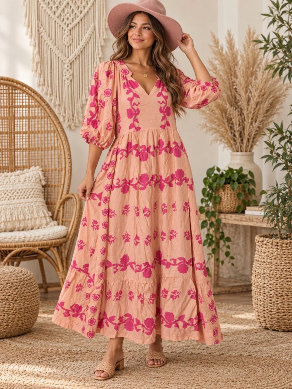 Umgee size large maxi dress peach with pink floral print